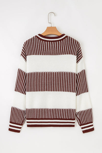 Brown Two Tone Striped Patchwork Drop Shoulder Sweater