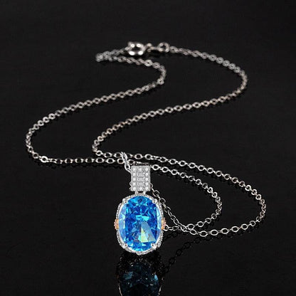 Multicolor Ice Flower Cut Oval CZ Pendant Necklace, Blue & Green 10*14mm 8A Cubic Zirconia, Two-Tone Pave CZ Halo with Pavé Top Frame, Adjustable Chain, Dainty Luxe