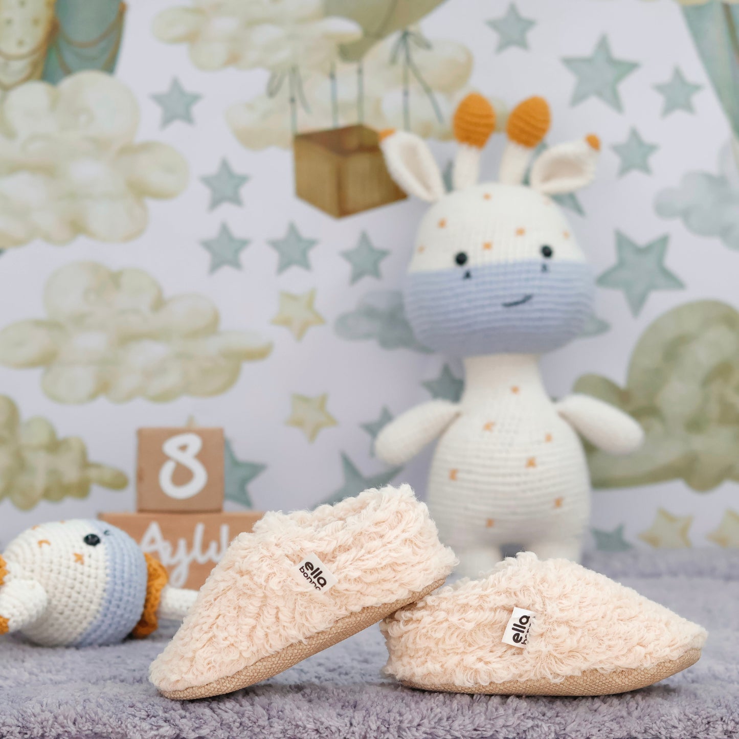 Teddy Baby Booties House Slippers, Non-Slip Sole, Organic Cotton Lining, Home Nursery Shoes, Beige