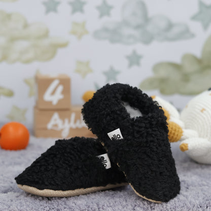Teddy Baby Booties House Slippers, Non-Slip Sole, Organic Cotton Lining, Home Nursery Shoes, Black