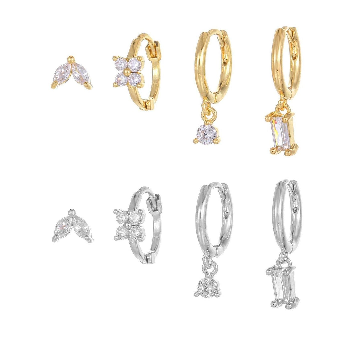 4 Pieces Geometric Zircon Stud Earring Set, 18k Gold Plated Ear Studs and Drops, Trendy Sweet Cool Earrings, S925 Needle, Stacked Lobe Designs with Dazzling Zirconia