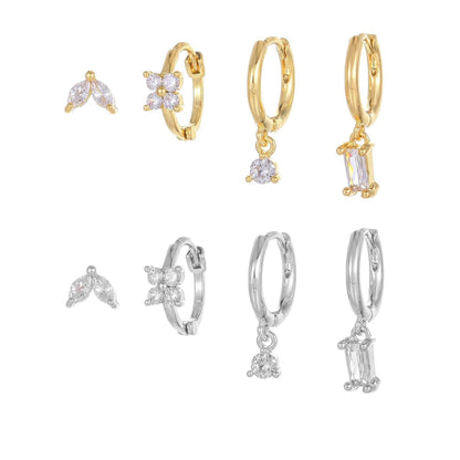 4 Pieces Geometric Zircon Stud Earring Set, 18k Gold Plated Ear Studs and Drops, Trendy Sweet Cool Earrings, S925 Needle, Stacked Lobe Designs with Dazzling Zirconia