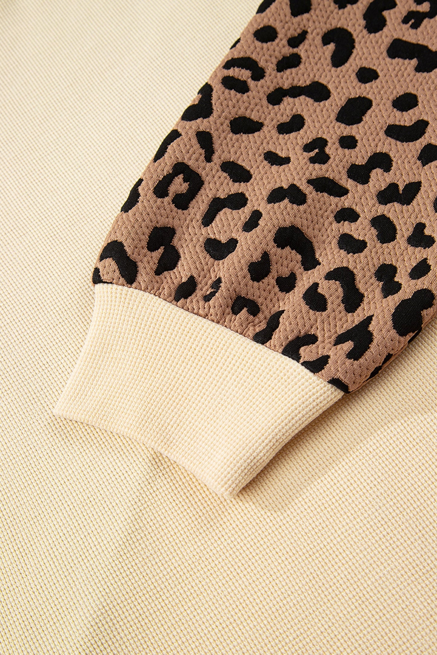Light French Beige Leopard Star Color Block Patchwork Textured Baggy Sweatshirt