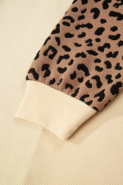 Light French Beige Leopard Star Color Block Patchwork Textured Baggy Sweatshirt