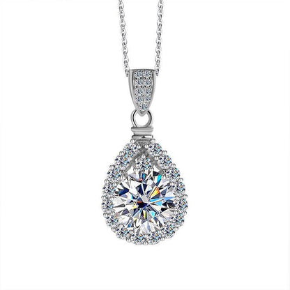 S925 High Carbon CZ Teardrop Halo Pendant Necklace with Pavé Top Frame, 6-11mm Cubic Zirconia, Sterling Silver Pear Shape Pendant for Her