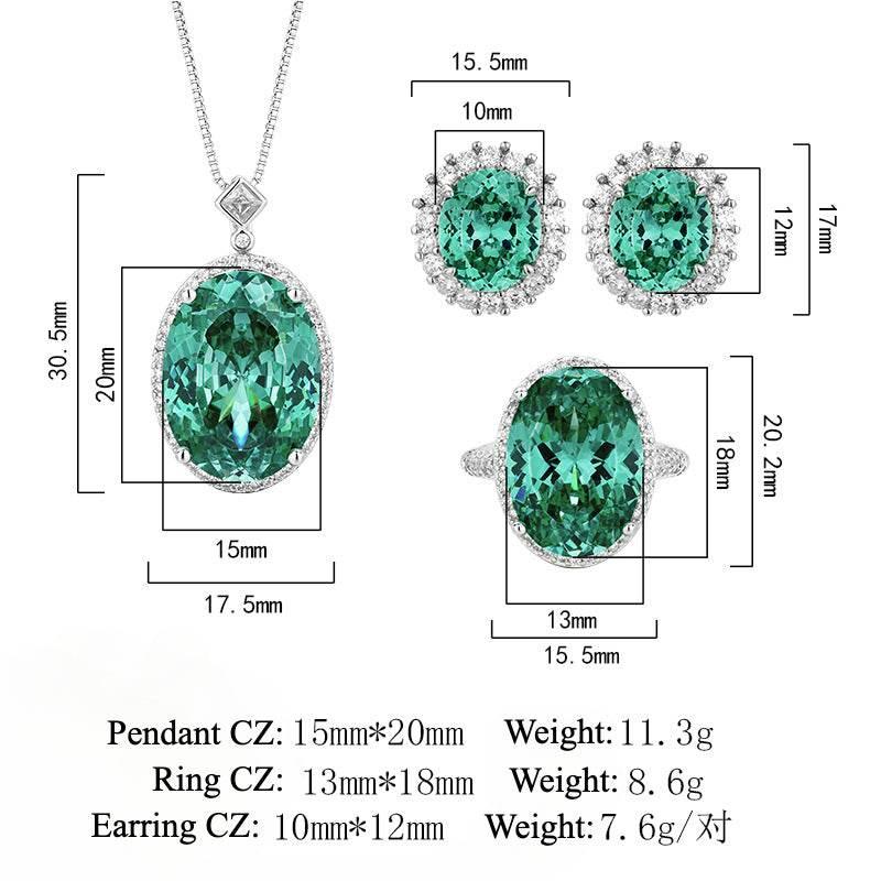 Nest Cut Para Green Oval CZ Halo Jewelry Set, 5A Cubic Zirconia, White Gold Necklace, Earrings, Adjustable Ring, Dainty Luxe