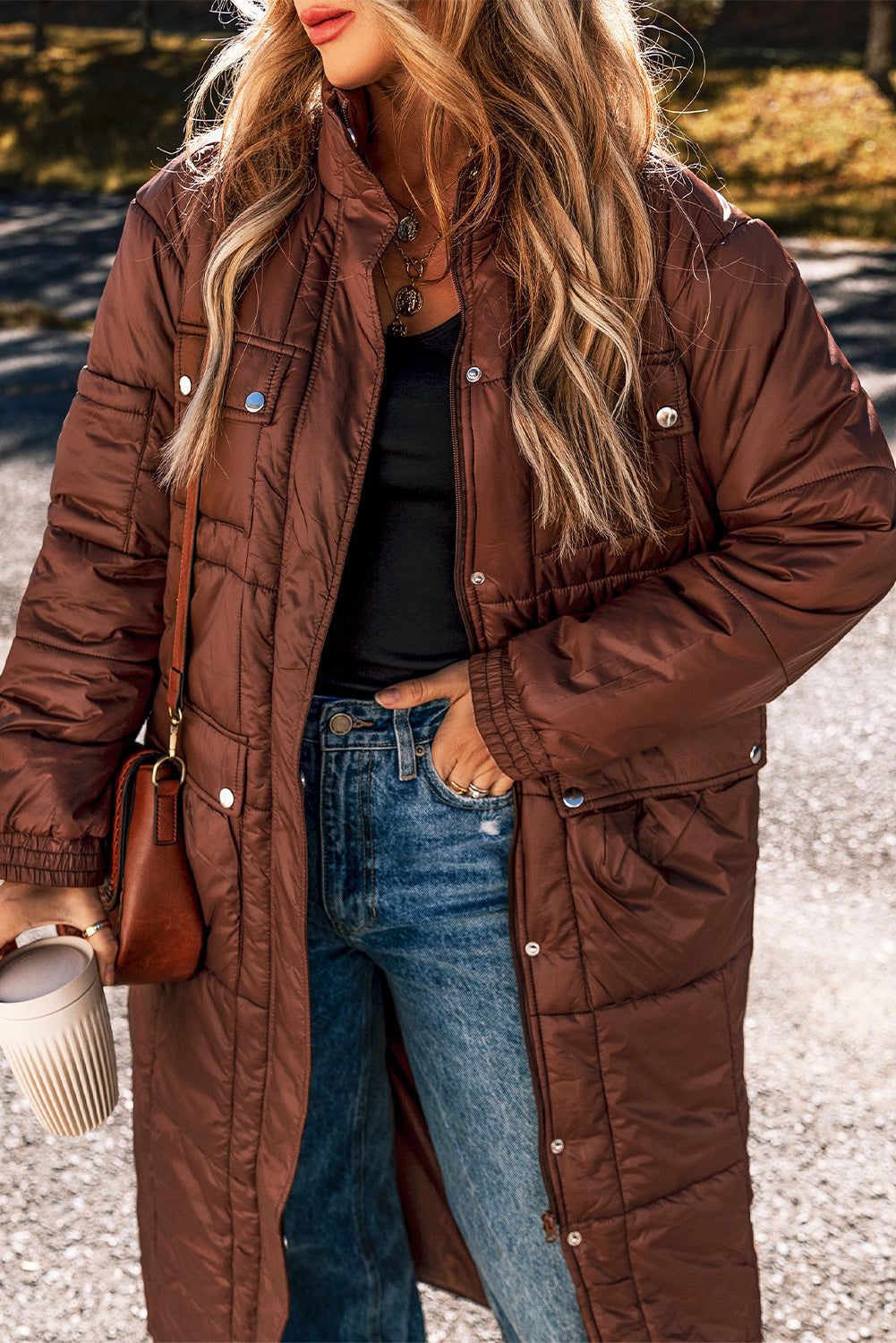 Solid Quilted Stand-Neck Zip-Up Buttoned  Puffer Coat