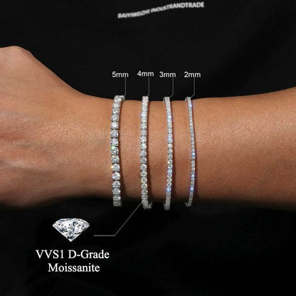 VVS1 Moissanite S925 & 14K Tennis Chain Iced Out Necklace and Bracelet, 6–26 Inch, 2–6.5mm Round Cut D-Grade Certified Moissanite, Sterling Silver White Gold Plated, Hypoallergenic Hip Hop Jewelry