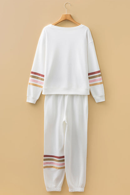 Black Striped Drop Shoulder Round Neck Pullover and Jogger Pants Active Outfit