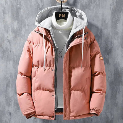 Fashion Hooded Jacket Men Winter Windproof Thickened Fake Two-piece Coat Solid Leisure Sports Cotton Jacket
