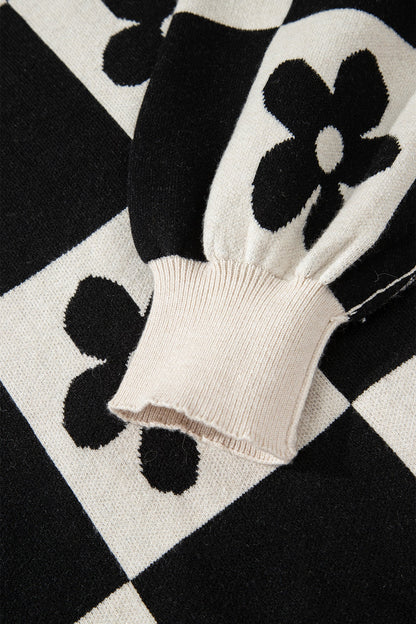 Black Flower Plaid Henley Baggy Sweater