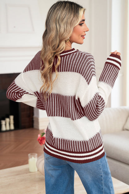 Brown Two Tone Striped Patchwork Drop Shoulder Sweater