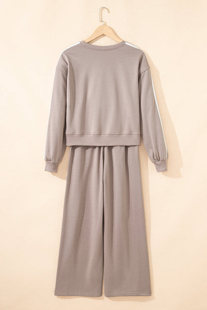 Gray Morn Varsity Striped Detail Crewneck Pullover Elastic Sweatpants 2pcs Outfit