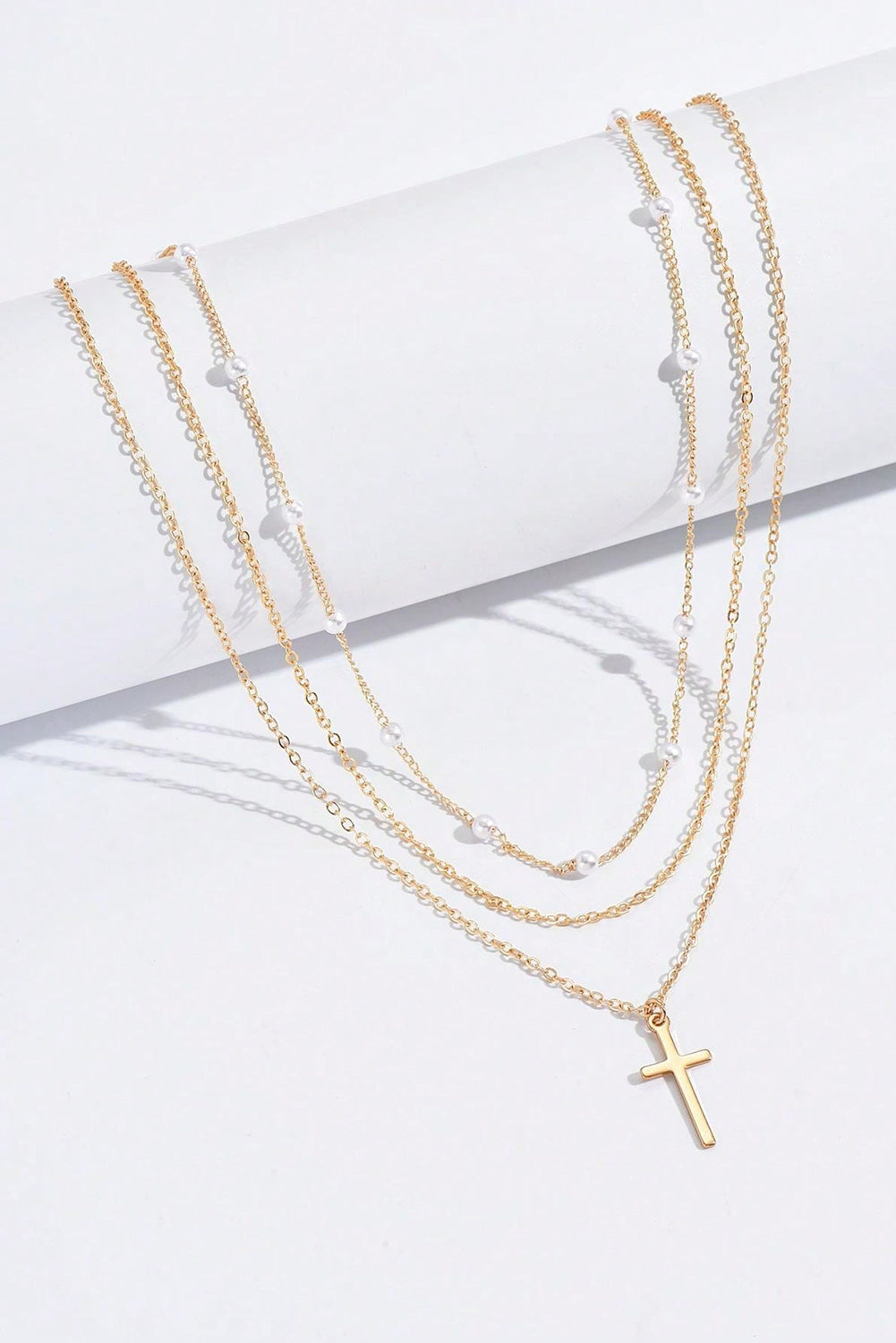 Gold Plated Cross Pendant Pearl Decor Triple Layer Chain Necklace