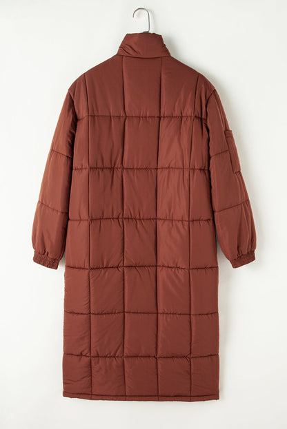 Solid Quilted Stand-Neck Zip-Up Buttoned  Puffer Coat