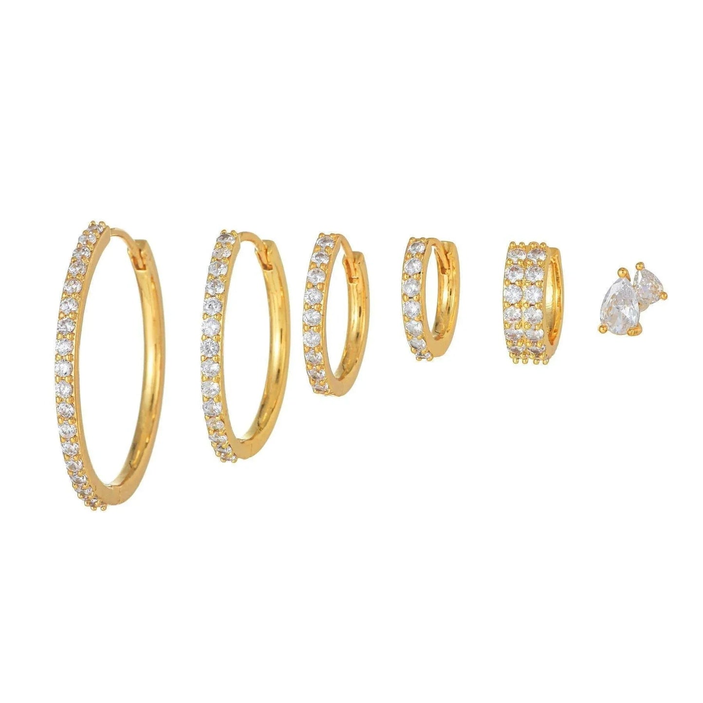 6 Pieces Radiant Hoop Layers Earring Set, 18k Gold Stud Hoop, S925 Needle, Stacked Lobe Designs with Dazzling Zirconia