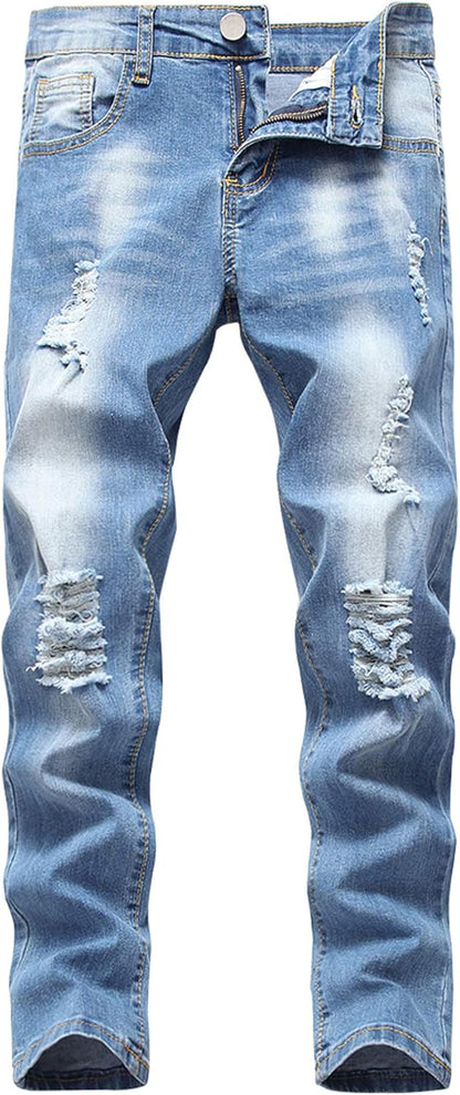 Boy's Skinny Fit Ripped Destroyed Distressed Stretch Slim Jeans Pants