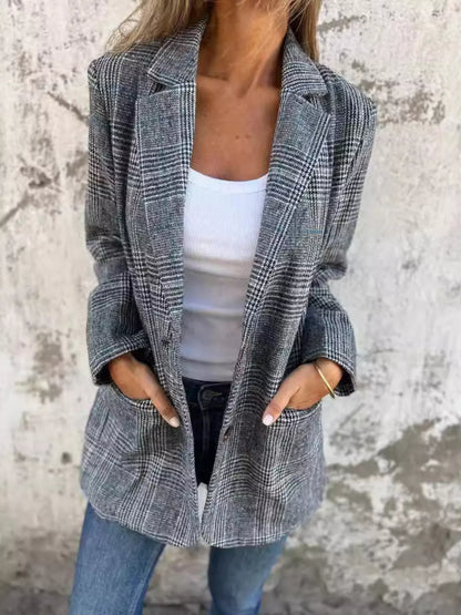 Full Size Plaid Single-Breasted Long Sleeve Blazer Plus Size
