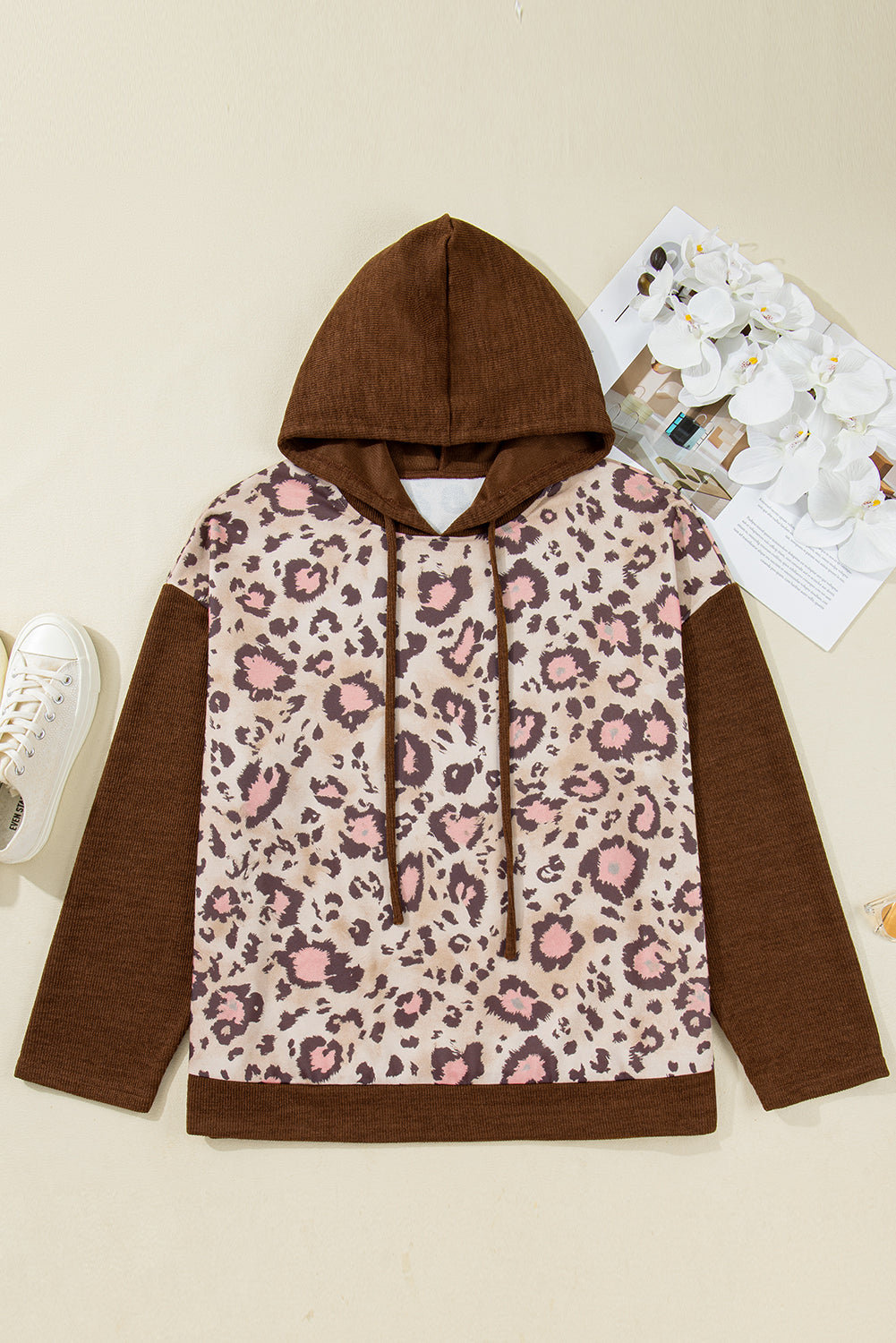 Plus Size Leopard Knit Patchwork Hoodie