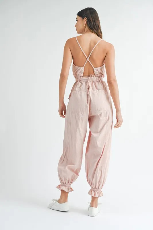 MABLE Washed Fabric Spaghetti Strap Waist Belted Jumpsuit