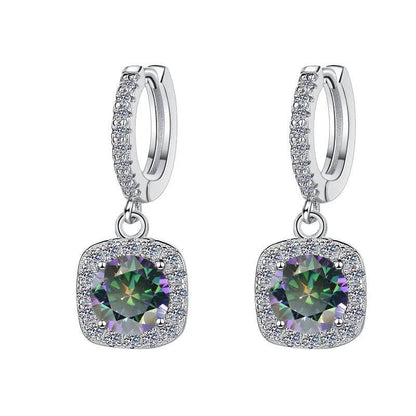 S925 Rainbow Green Moissanite Square Halo Earrings with Pavé-Set Halo & Hoop, 1ct D-Grade VVS1 Round Moissanite with GAR certification, Sterling Silver Earrings