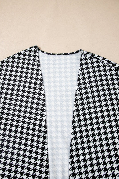 Black Houndstooth Print Open Front Long Dolman Kimonos