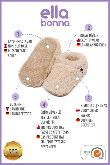 Teddy Baby Booties House Slippers, Non-Slip Sole, Organic Cotton Lining, Home Nursery Shoes, Beige