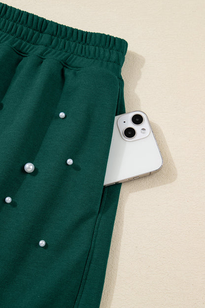 Dark Green Pearl Embellished Drop Shoulder Pullover Elastic Waist Mini Skirt Set