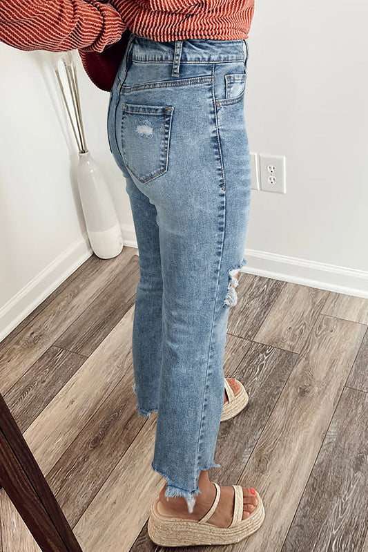 Myosotis Raw Hem Ripped Open Knee Fit Flare Jeans