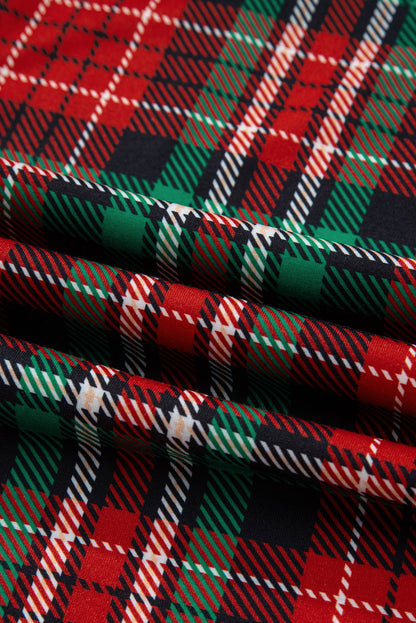 Racing Red Retro Plaid Leopard Print Patchwork Long Sleeve Shorts Pajama Set