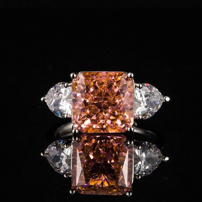 Multicolor Ice Flower Cut Square CZ Adjustable Ring, 10*10mm 8A Main Cubic Zirconia, Two Heart Side CZ, Dainty Luxe