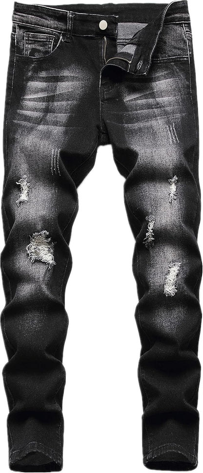 Boy's Skinny Fit Ripped Destroyed Distressed Stretch Slim Jeans Pants