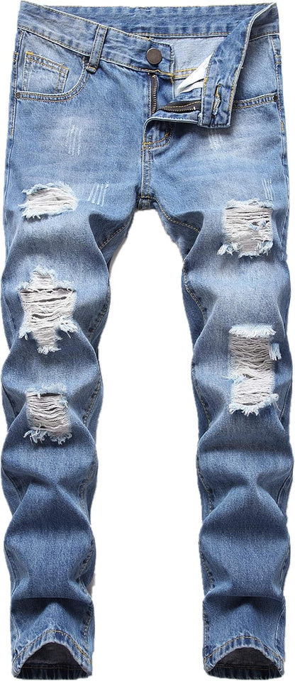 Boy's Skinny Fit Ripped Destroyed Distressed Stretch Slim Jeans Pants