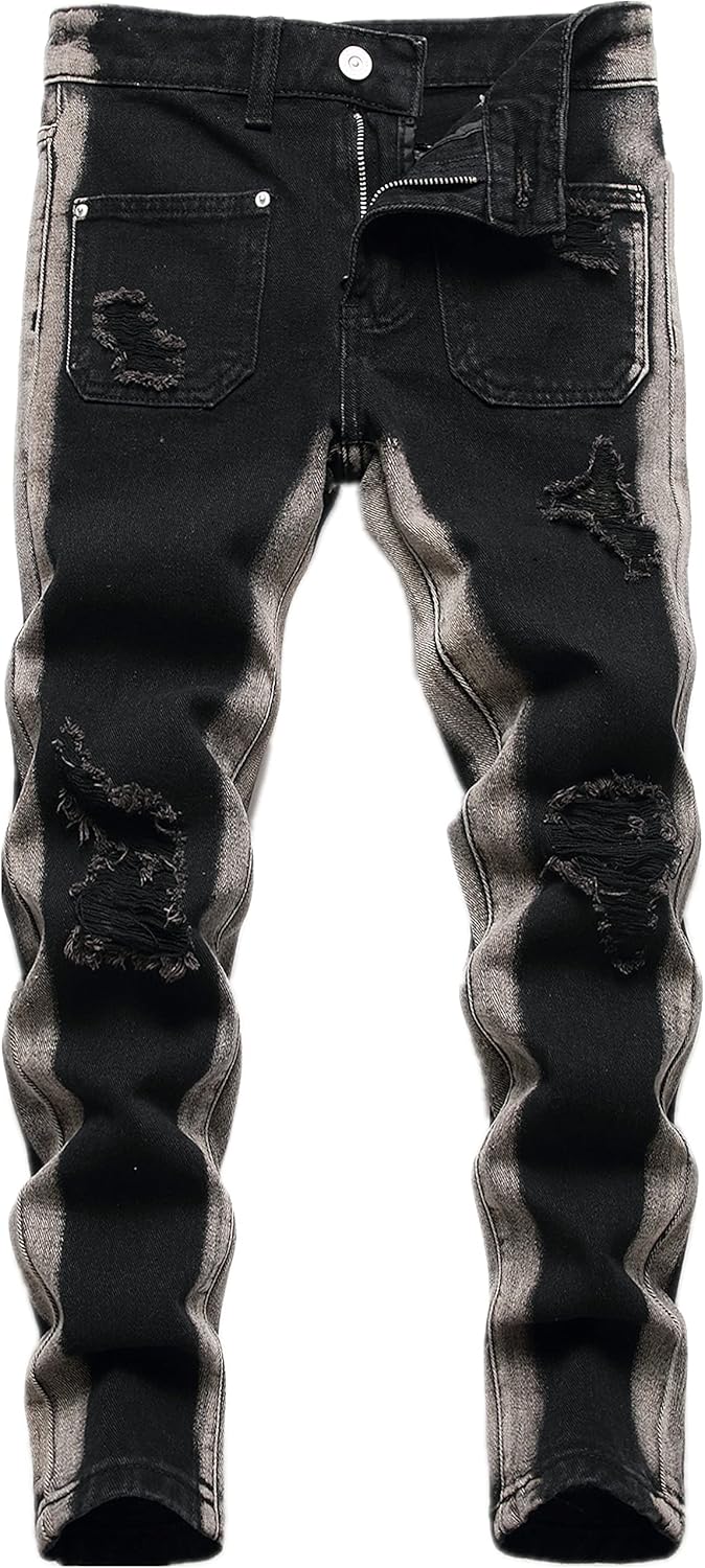 Boy's Skinny Fit Ripped Destroyed Distressed Stretch Slim Jeans Pants