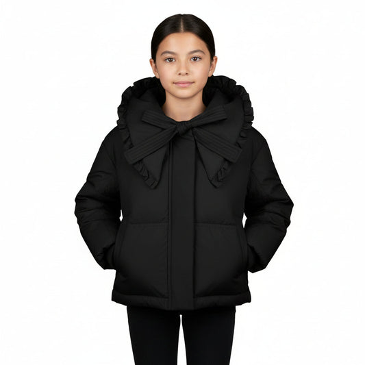 Pramie Girls Black Bow Collar Jacket 5–16 | Elegant Winter Coat with Classic Charm