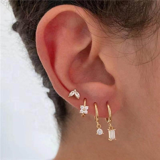 4 Pieces Geometric Zircon Stud Earring Set, 18k Gold Plated Ear Studs and Drops, Trendy Sweet Cool Earrings, S925 Needle, Stacked Lobe Designs with Dazzling Zirconia