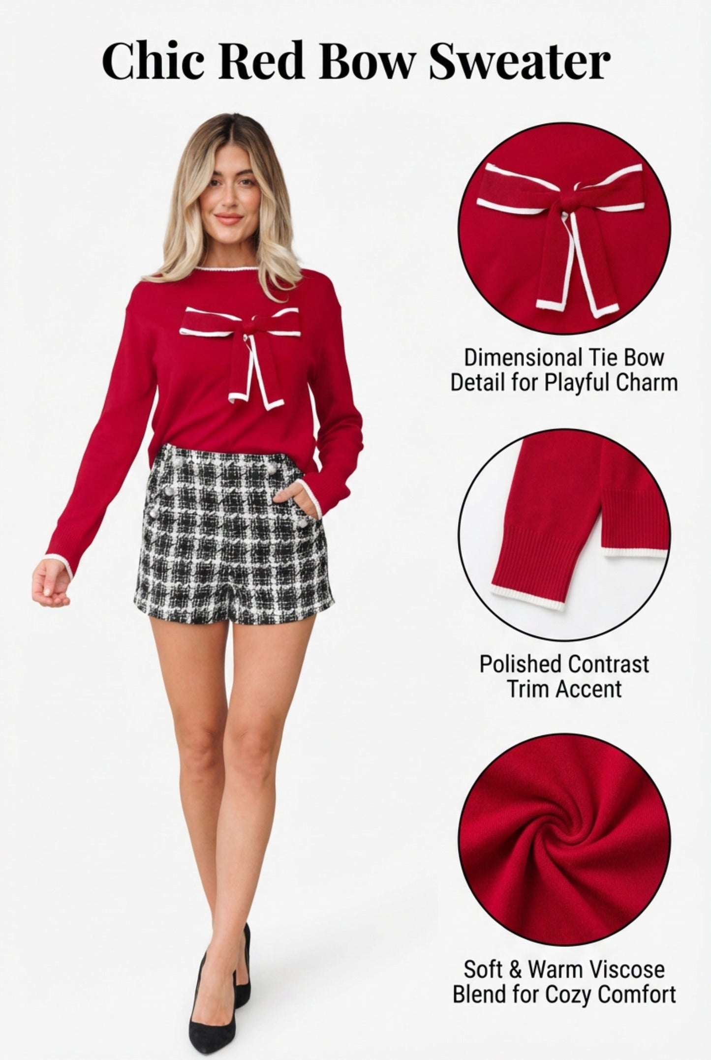 Fiery Red Contrast Trim Big Bow Accent Holiday Cropped Sweater