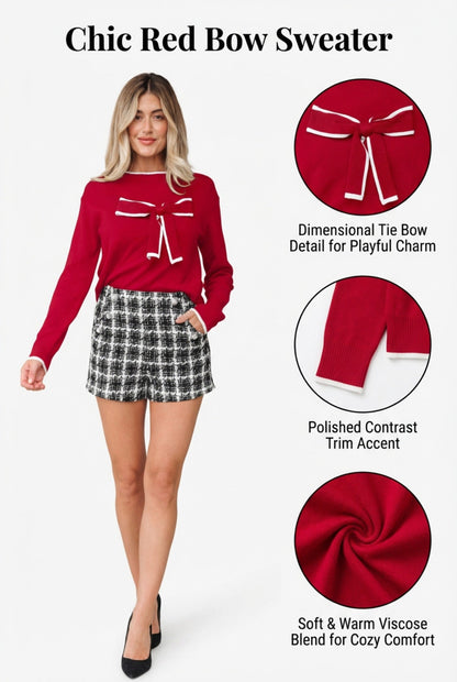 Fiery Red Contrast Trim Big Bow Accent Holiday Cropped Sweater