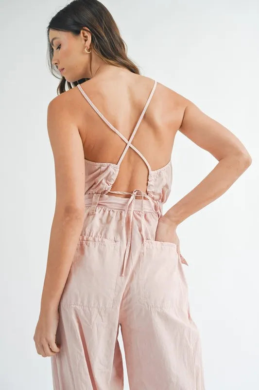 MABLE Washed Fabric Spaghetti Strap Waist Belted Jumpsuit