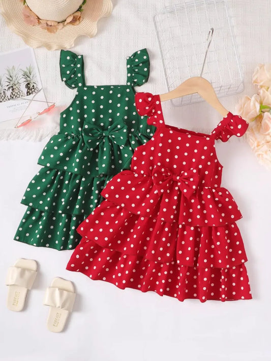 Bow Polka Dot Square Neck Layered Dress