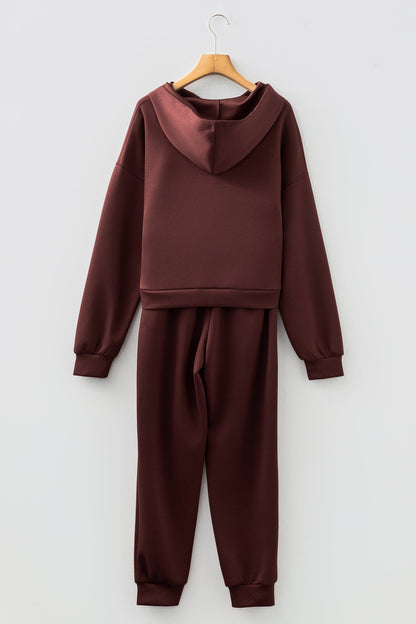 Chicory Coffee Button Drawstring Cropped Hoodie Jogger 2pcs Set