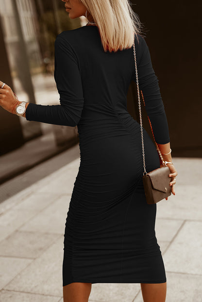 Black Long Sleeves Wrap V Neck Ruched Sheath Midi Dress