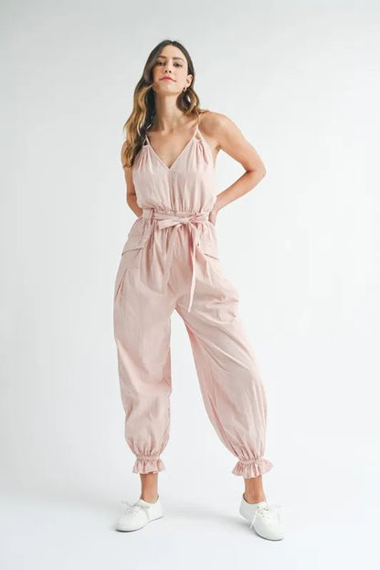 MABLE Washed Fabric Spaghetti Strap Waist Belted Jumpsuit