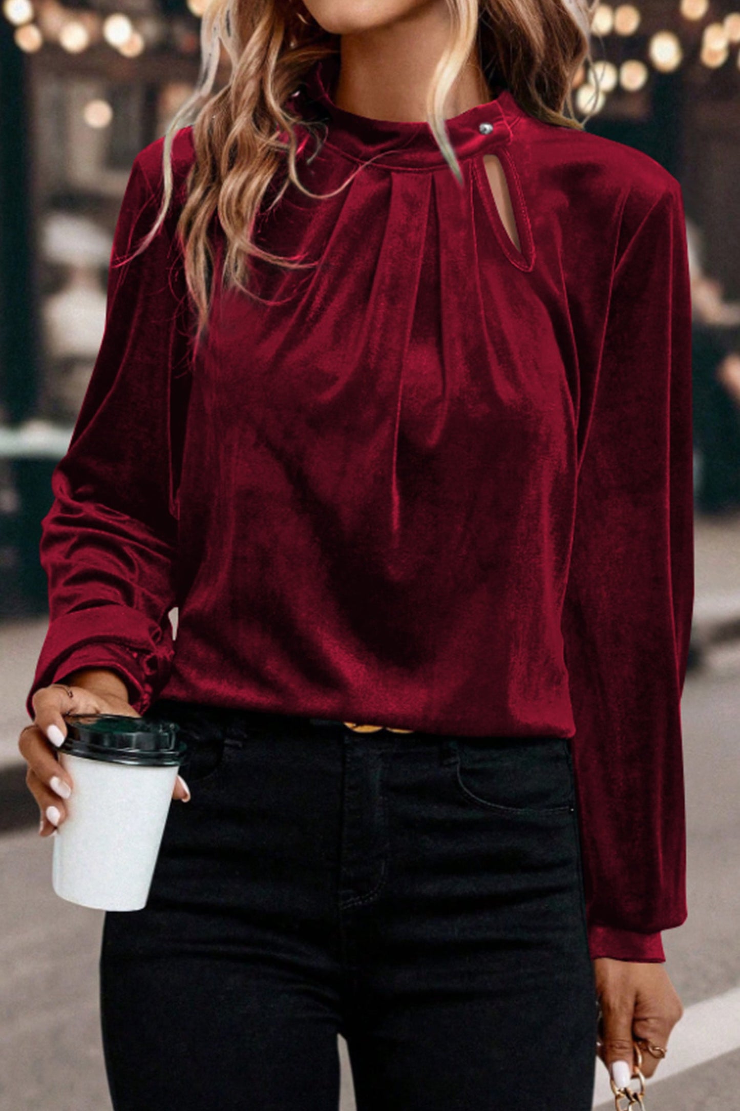 Red Dahlia Asymmetric Button Keyhole Neck Long Sleeve Velvet Blouse