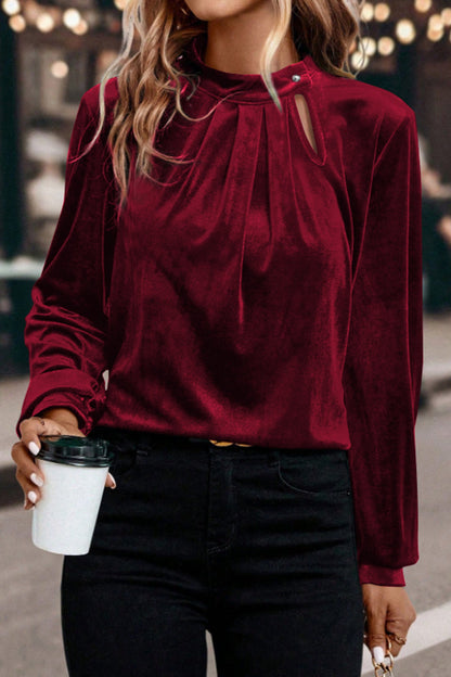 Red Dahlia Asymmetric Button Keyhole Neck Long Sleeve Velvet Blouse