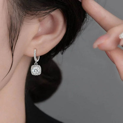 S925 Rainbow Green Moissanite Square Halo Earrings with Pavé-Set Halo & Hoop, 1ct D-Grade VVS1 Round Moissanite with GAR certification, Sterling Silver Earrings