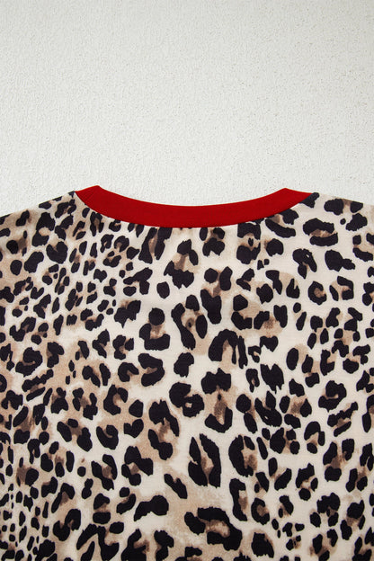 Brown Leopard Print Contrast Trim Round Neck Long Sleeve Top