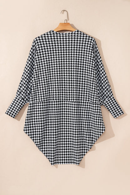 Black Houndstooth Print Open Front Long Dolman Kimonos