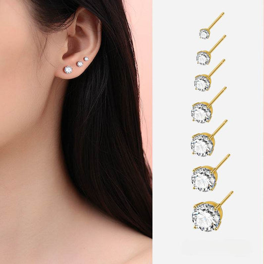 S925 Dazzling Classic 4-Prong CZ Stud Earrings, 2-8mm Round Cubic Zirconia Sterling Silver Earrings, 4 Color Options, Unisex Men Women Daily