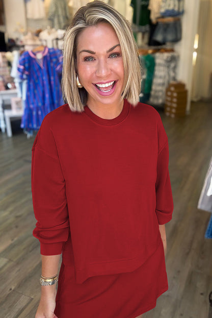 Coffee Solid Color Drop Shoulder Pullover Drawstring Mini Skirt Set